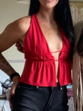 Garage Red Halter Tie-Front Open Back
